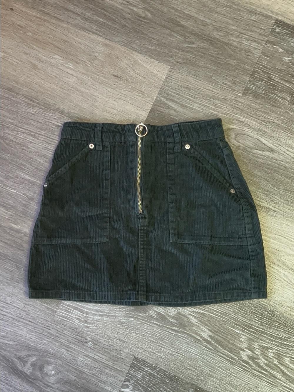 TOP SHOP Green Corduroy Mini Skirt with Front Zip & Pockets